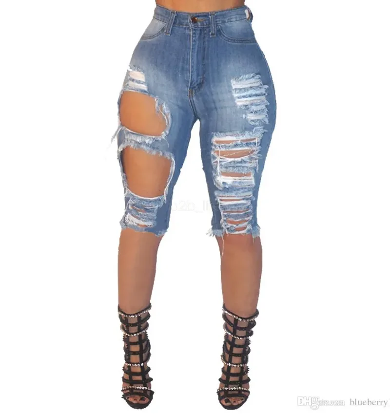 High Waist Ripped Hole Slim Fit Denim Skinny Short Jeans