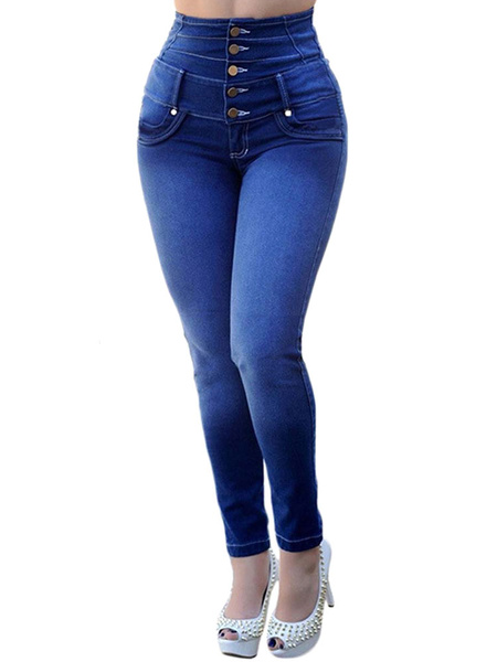 High Waisted Jeans Button Skinny Denim Pants - Power Day Sale