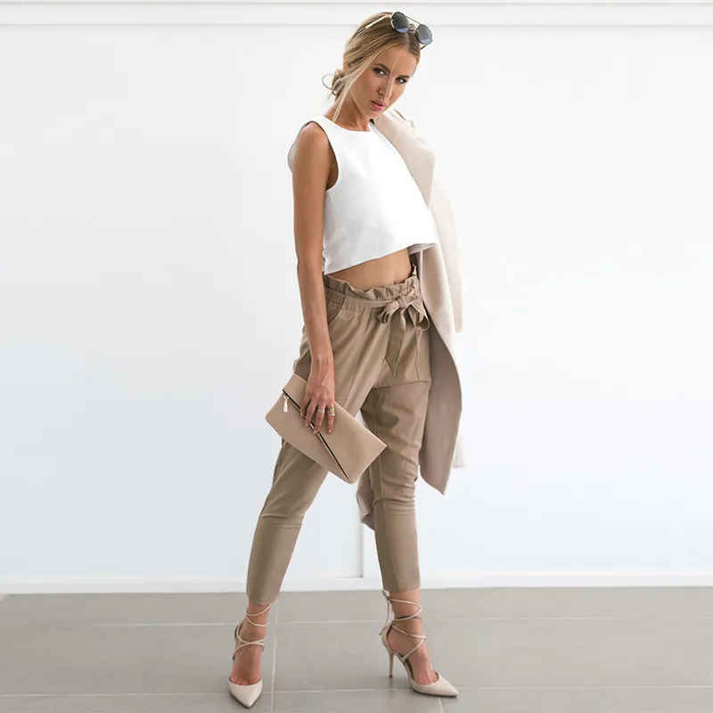 High-Waisted Pencil Pants Bow Tie Drawstring Elastic Pockets Cropped Pants