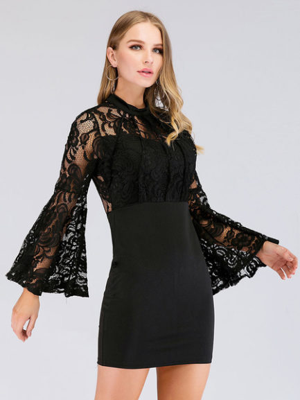 Lace Long Sleeves High Collar Mini Dress - Power Day Sale