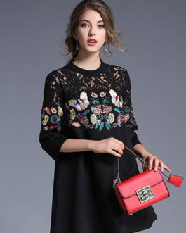 Lace Splice Crewneck Butterfly Embroidered Shift Dress