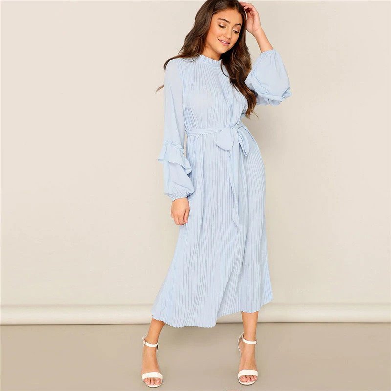 Lady Casual Blue Frill Neck Belted Solid Pleated Maxi Dress - Power Day ...