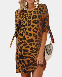 Leopard Print Casual Jewel Neck Shift Dress
