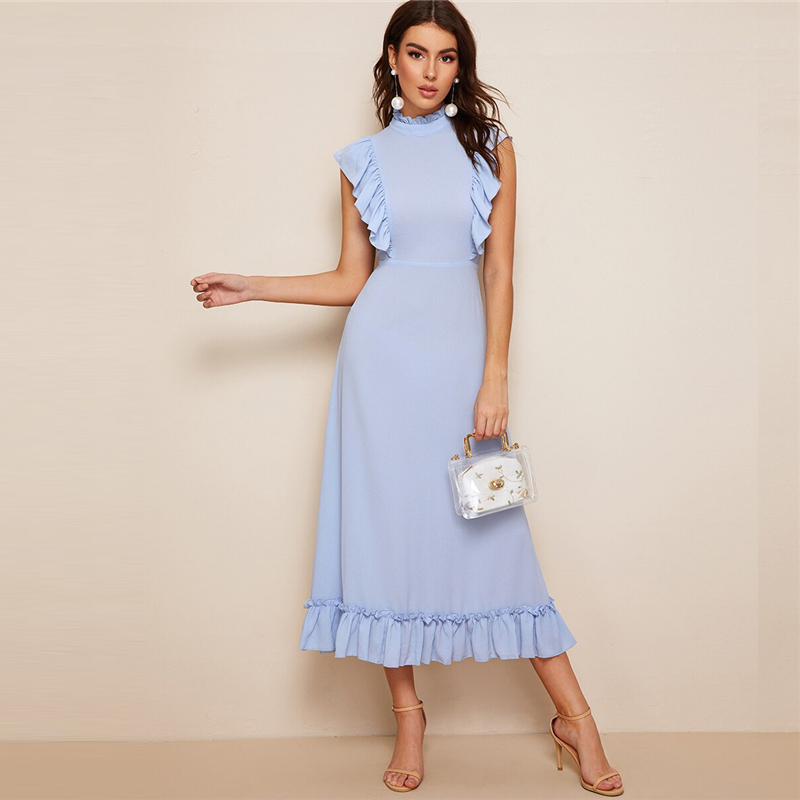 Mock-Neck Ruffle Trim Fit And Flare Dress - Power Day Sale