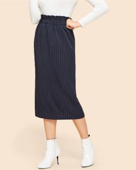Navy Frilled Waist Elastic Striped Straight Skirt