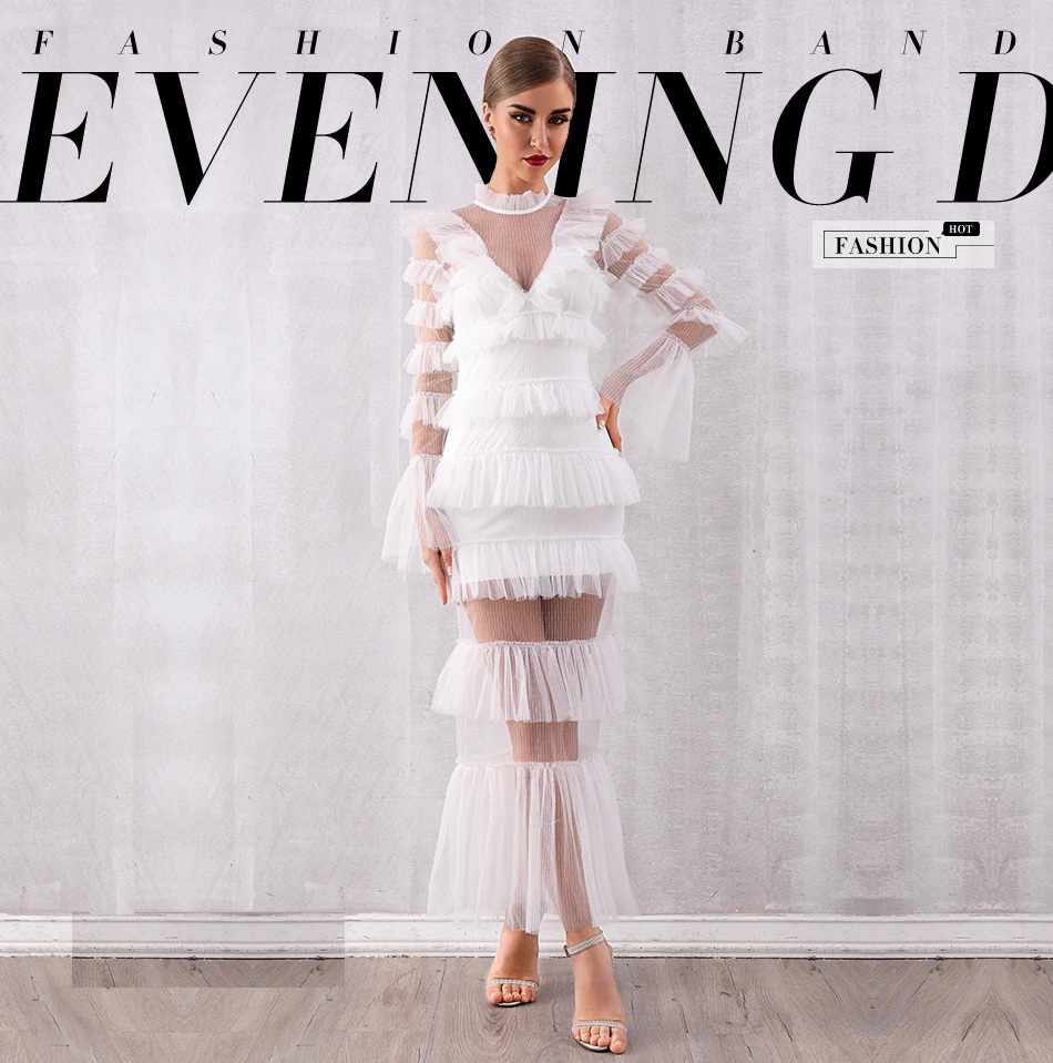 New Fashion Lace Ruffle Long Sleeve Evening Party Maxi Dress 1 1