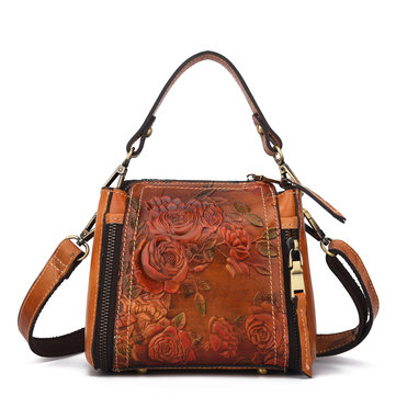 Retro Flowers Embossed Cow Leather Handbags