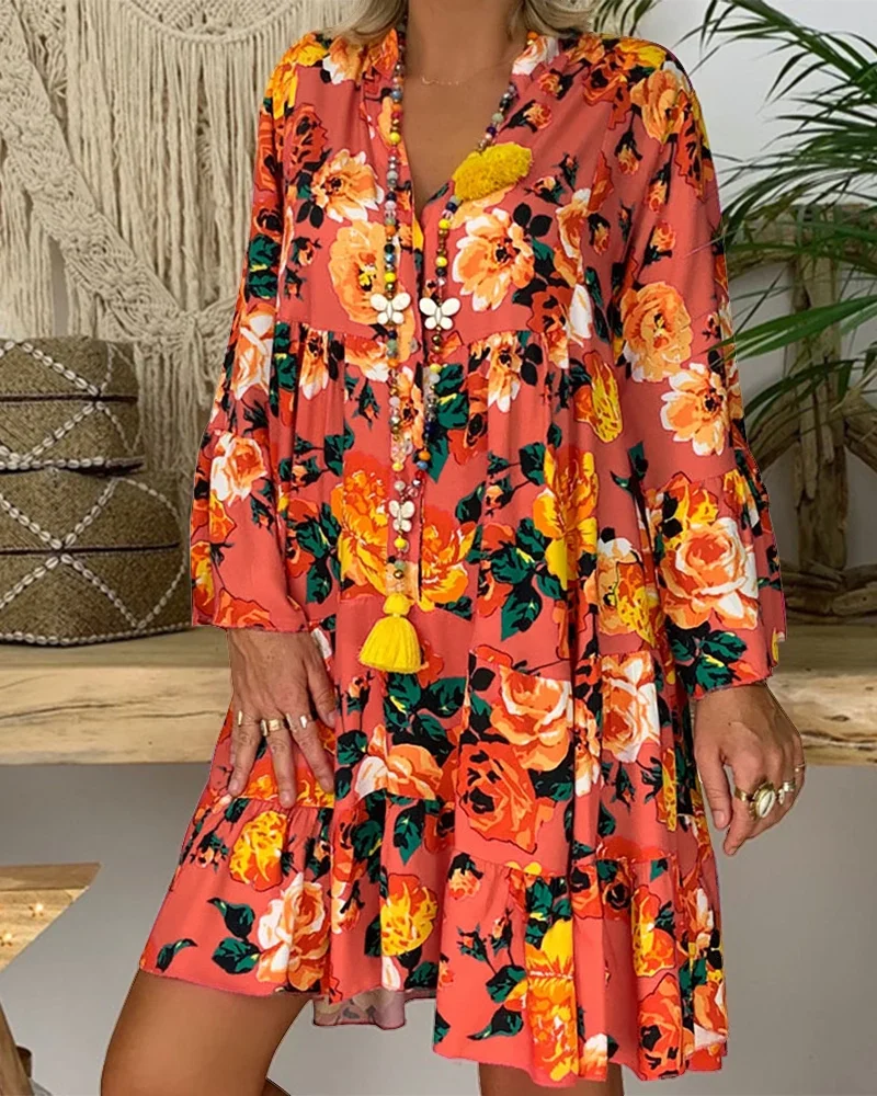 Oversized Beach Floral Print Casual Long Sleeve Mini Dress Vestidos