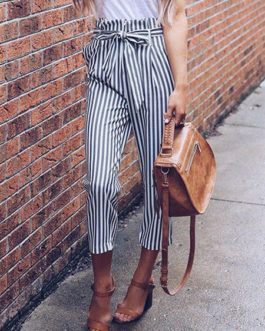 Paper Bag Pants Women Striped High Waist Cropped Trousers