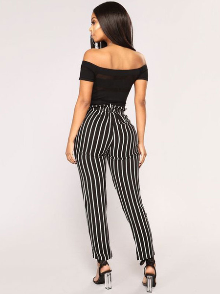 Paper Bag Pants Women Striped High Waist Cropped Trousers - Power Day Sale