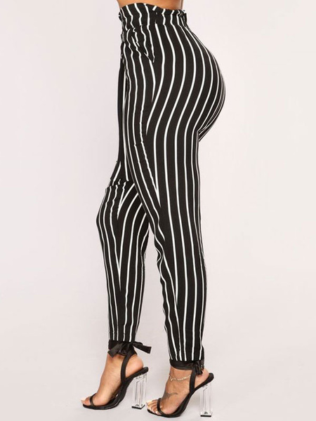 Paper Bag Pants Women Striped High Waist Cropped Trousers - Power Day Sale