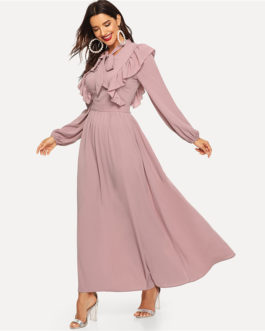 Pink Abaya Tie Neck Fit and Flare Ruffle Pleated High Waist A Line Dress