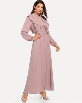 Pink Abaya Tie Neck Fit and Flare Ruffle Pleated High Waist A Line Dress