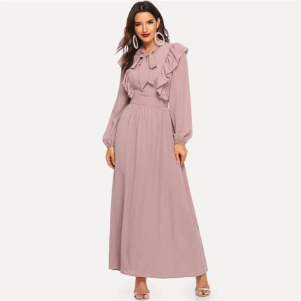 Pink Abaya Tie Neck Fit and Flare Ruffle Pleated High Waist A Line ...