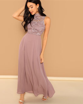 Pink Guipure Lace Overlay Bodice Maxi Dress
