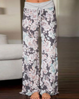 Pajama Lounge Pants Women Floral Pants Drawstring Grey Palazzo Pants