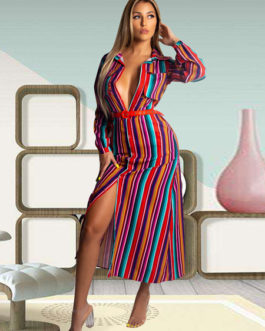 Rainbow Stripe Turndown Collar Pockets Maxi Dress