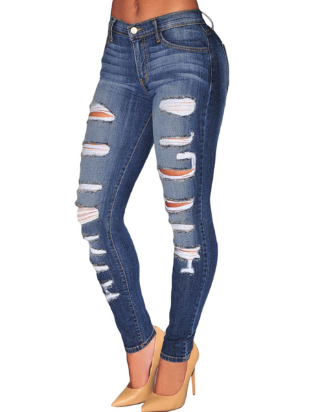 Ripped Jeans Deep Blue Denim Jeans For Women - Power Day Sale