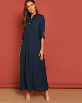 Rolled Tab Sleeve Round Neck Button Front Long Sleeve Plain Dress
