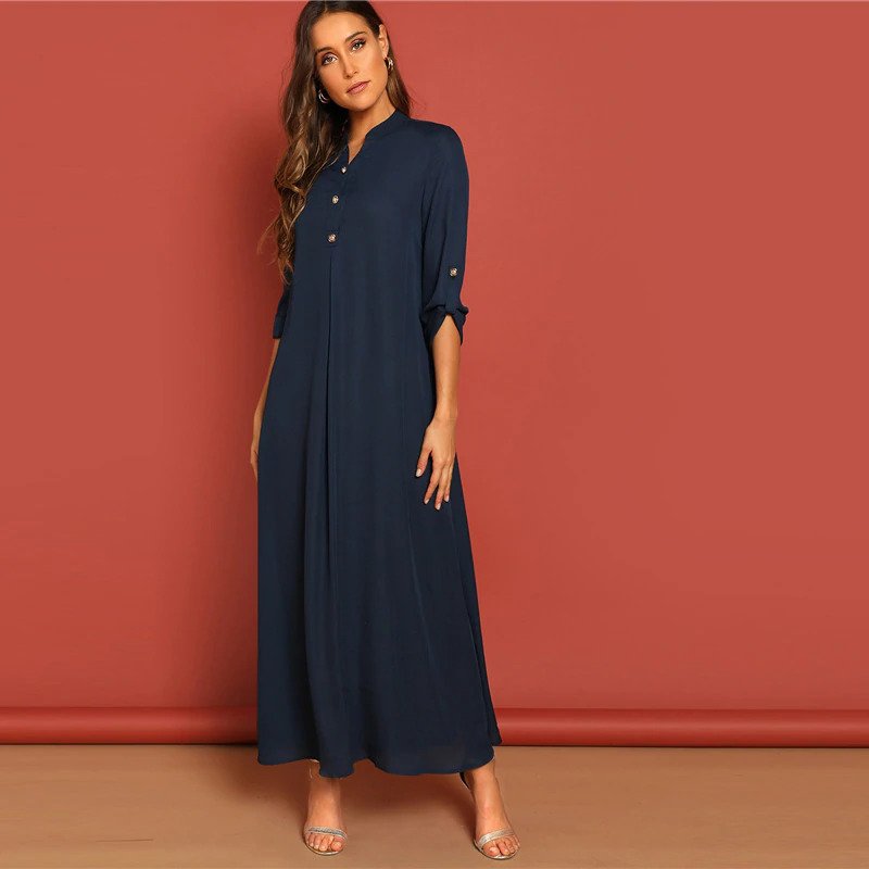Rolled Tab Sleeve Round Neck Button Front Long Sleeve Plain Dress ...