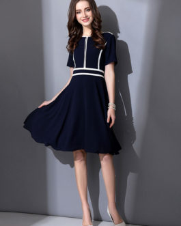 Round Neck Short Sleeve Striped Pleated Flare Dress