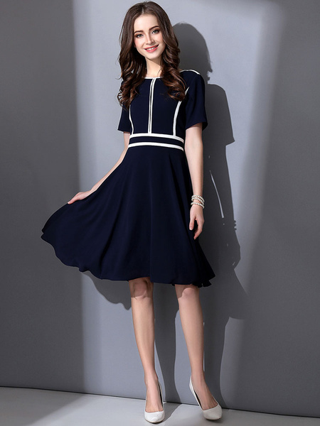 Round Neck Short Sleeve Striped Pleated Flare Dress - Power Day Sale