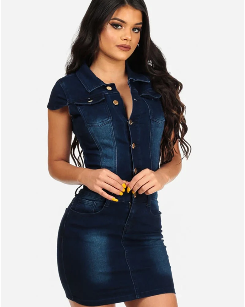 Short Sleeve Turn Down Collar Street Lady Casual Denim Mini Dress