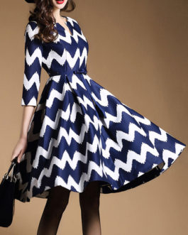 Skater Dress Zigzag Pattern V Neck Pleated Bow Fit And Flare Dress