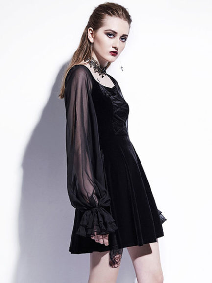 Velour Long Sleeve Square Neck Flared Dress - Power Day Sale