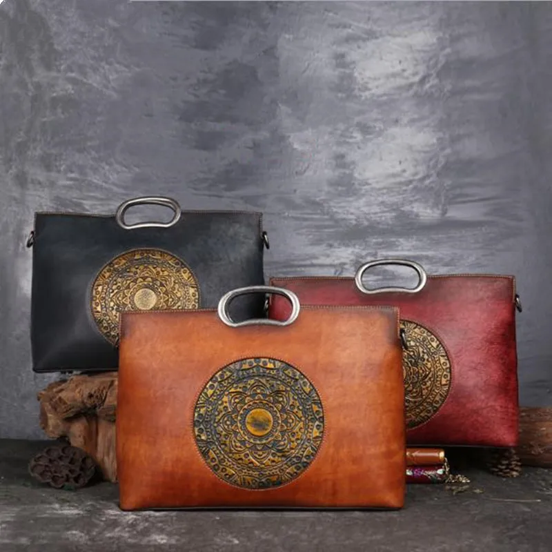 Vintage Genuine Leather Embossed Handbag Brush Color Handmade Crossbody Bags - Image 4