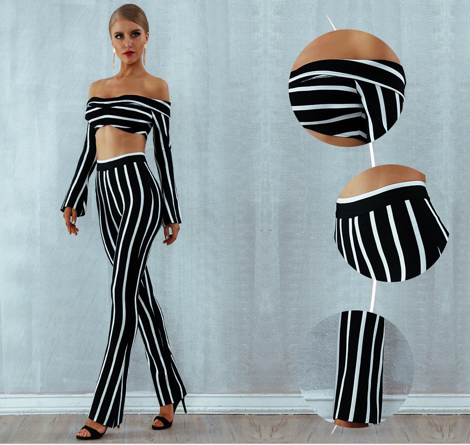 Women Bandage Striped Evening Party Celebrity Top and Jumpsuit Two Pieces Set 3