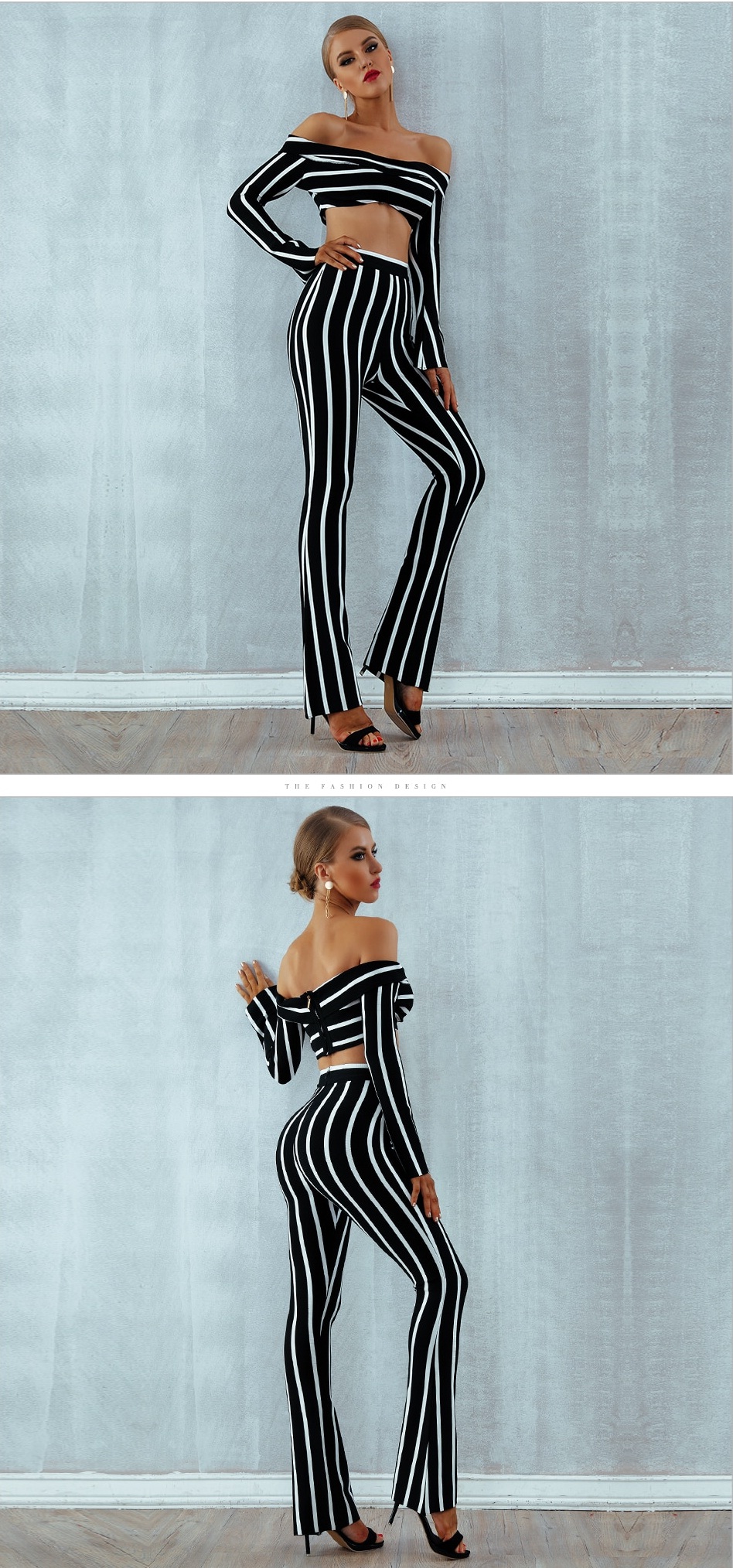 Women Bandage Striped Evening Party Celebrity Top and Jumpsuit Two Pieces Set 4