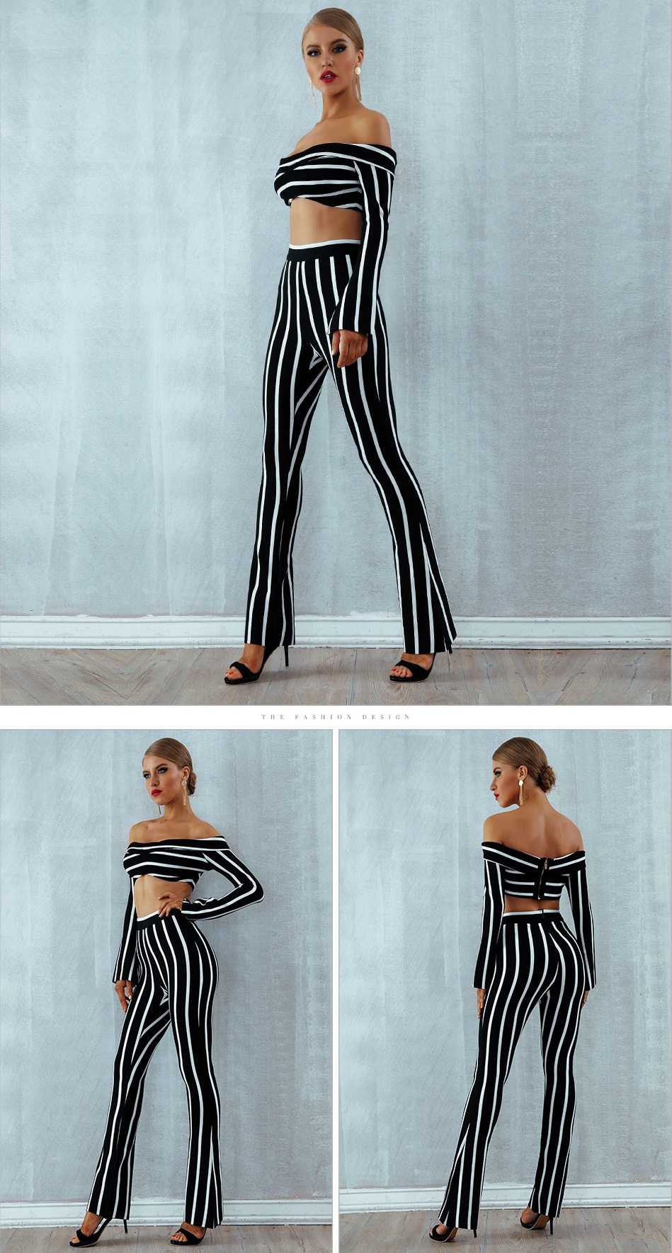 Women Bandage Striped Evening Party Celebrity Top and Jumpsuit Two Pieces Set 5