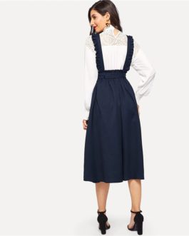 Women Classy Retro High Waist Flare Belted Skirt With Frilled Strap