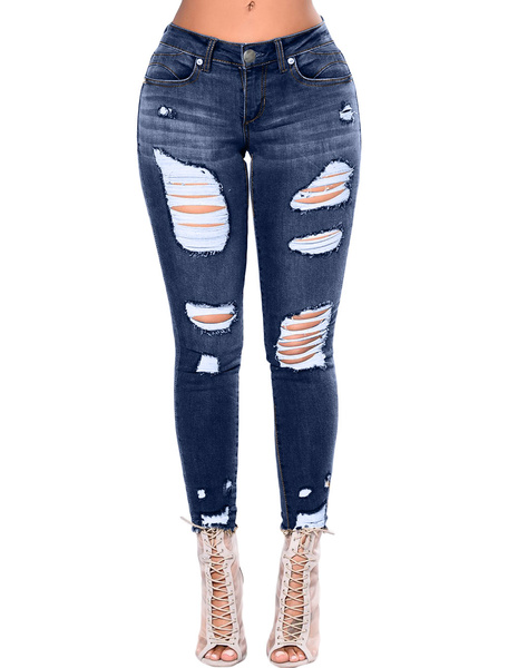Women Denim Jeans Distressed High Waist Ripped Jeans - Power Day Sale