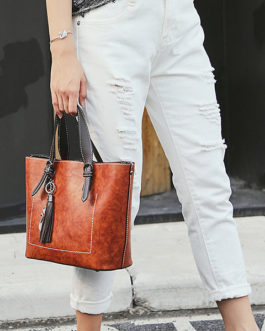 Women Faux Leather Solid Tassel Handbag Vintage Leisure Crossbody Bag