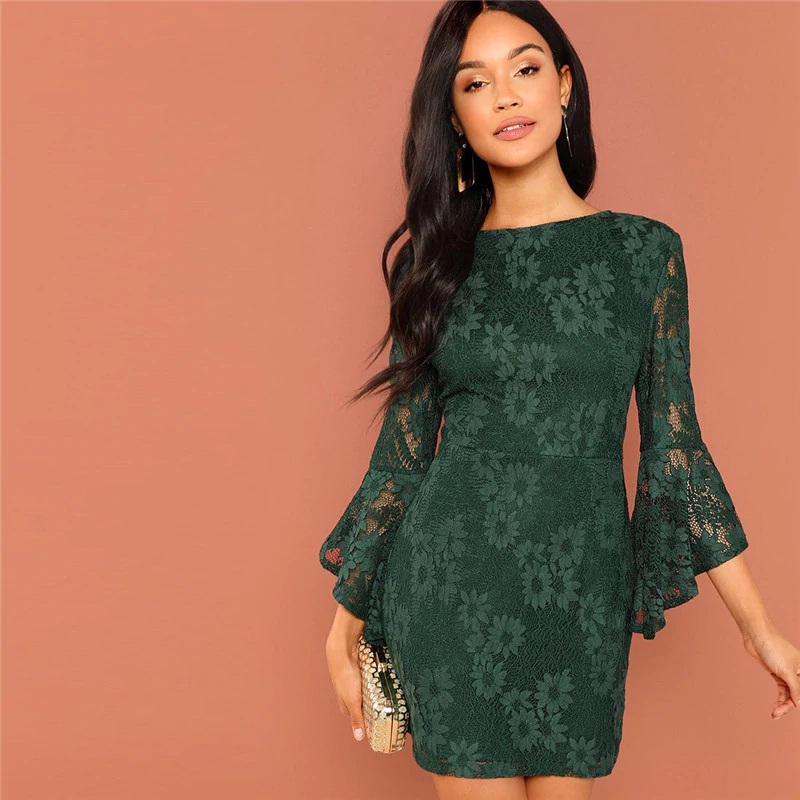Women Going Out Flounce Sleeve Guipure Lace Sheer Bodycon Dress - Power ...
