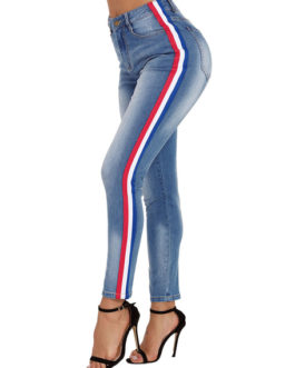 Women Jeans Stripes Distressed Denim Pants