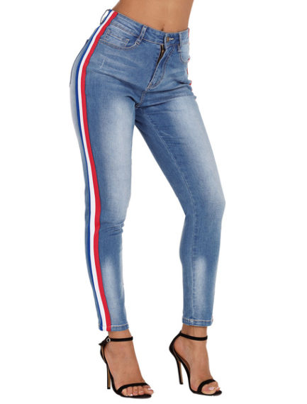 Women Jeans Stripes Distressed Denim Pants - Power Day Sale