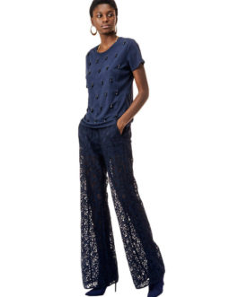 Women Lace Pants Deep Blue Solid Color Flared Leg Pants