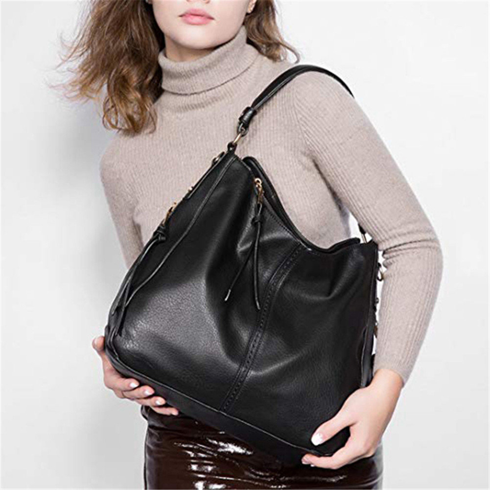 Large Black Leather Handbag Tote Leather Shoulder Bag 