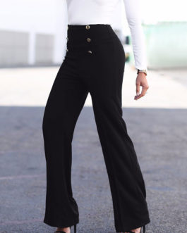 Women Long Pants Buttons High Elastic Waist Straight Leg Pants