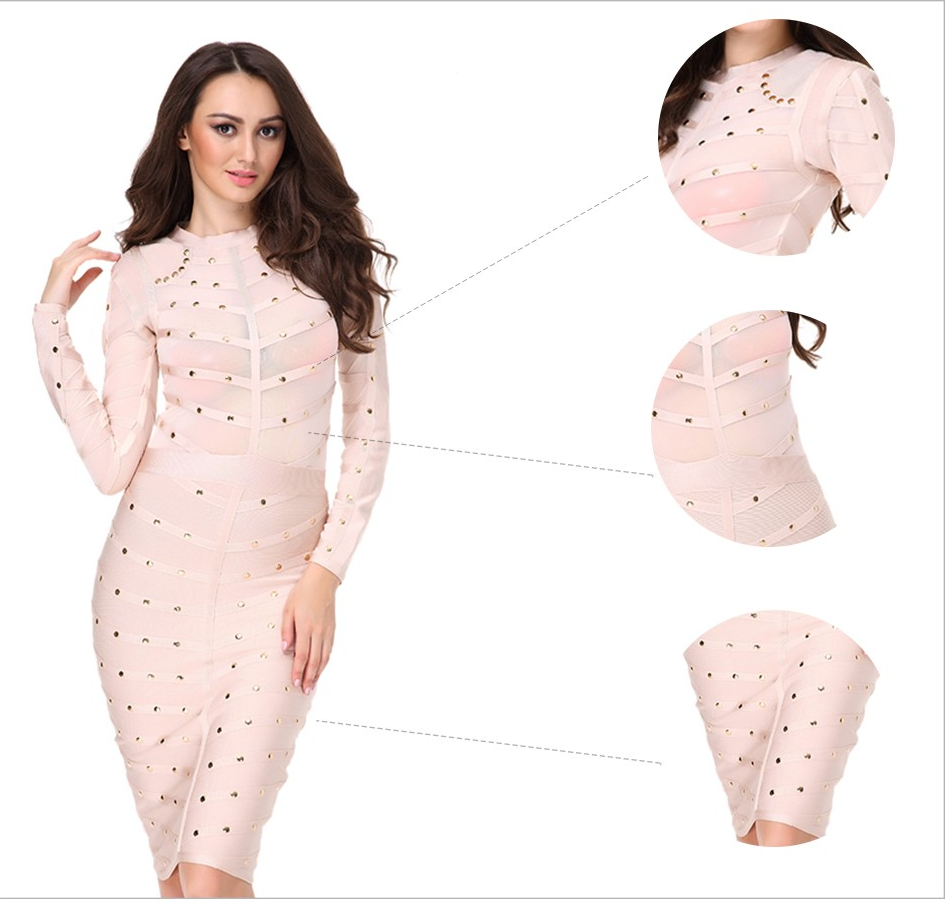 Women Long Sleeve Studded Button Bodycon party Dress2
