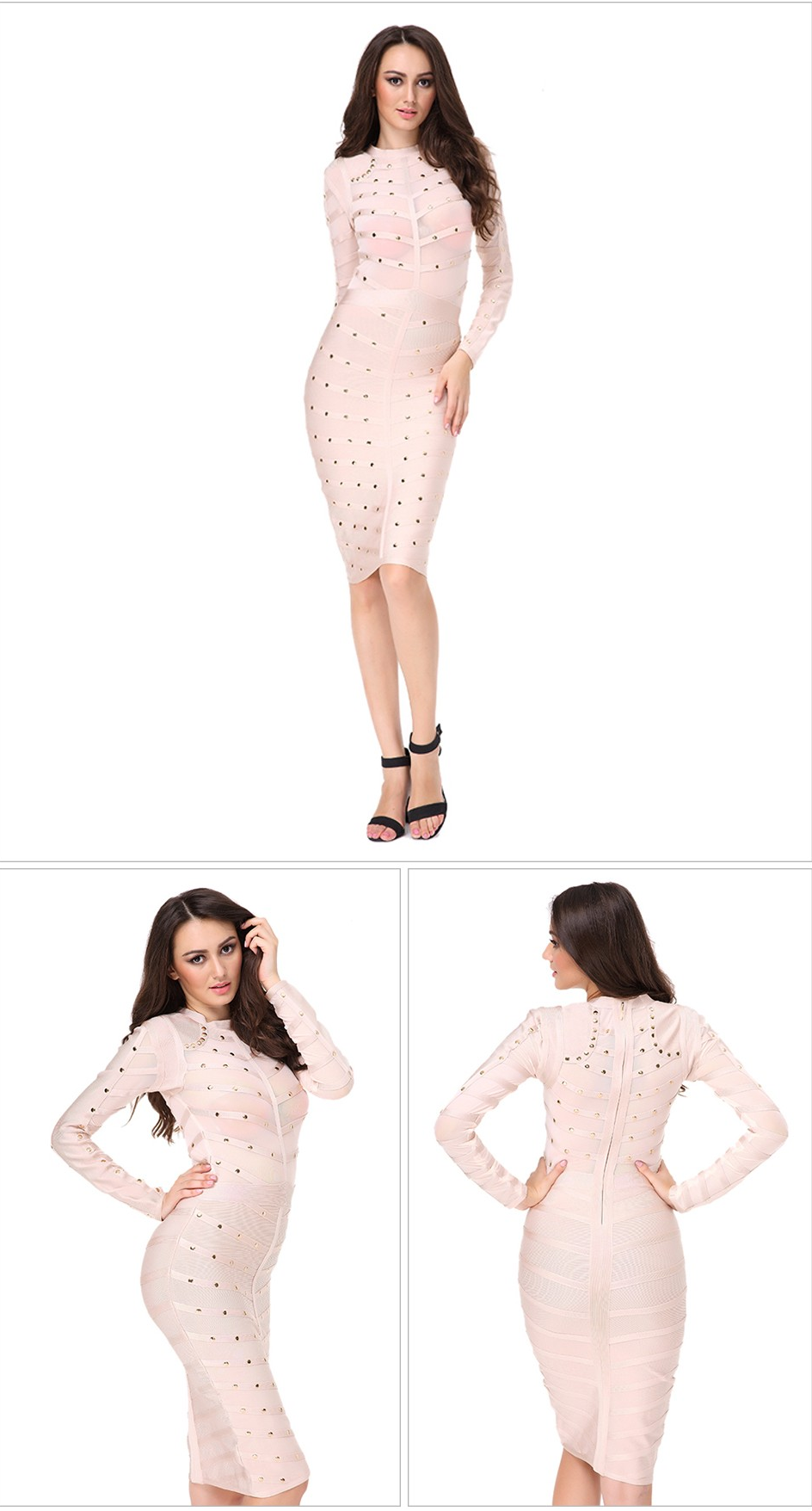 Women Long Sleeve Studded Button Bodycon party Dress3