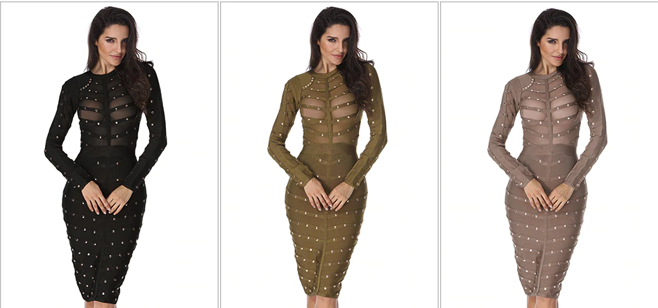 Women Long Sleeve Studded Button Bodycon party Dress4