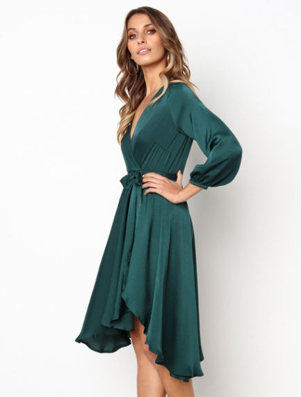 Women Skater V Neck Wrap Irregular Midi Dress - Power Day Sale