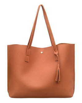 Women Solid Leisure Shoulder Bag Casual PU Leather Tote Bag Tassel Handbag