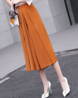 Women Wide Leg Pants Solid Color Pleated Cropped Pants