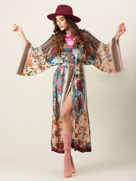 Boho Print Long Sleeve Maxi Dress - Power Day Sale