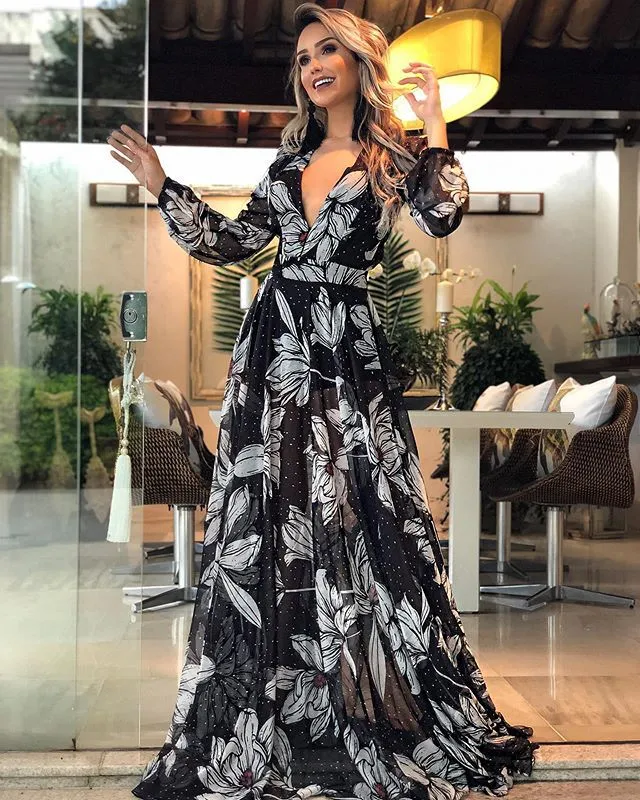 Casual Boho Tunic Long Sleeve Deep V neck Beachwear Maxi Dress